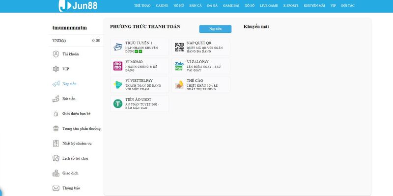 Điều khoản Jun88 về nạp tiền